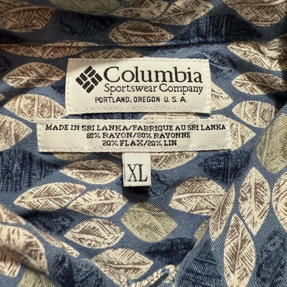 Columbia Vintage Leaf Print Button Up Short Sleeve Shirt Linen Rayon Blend XL - Picture 6 of 6